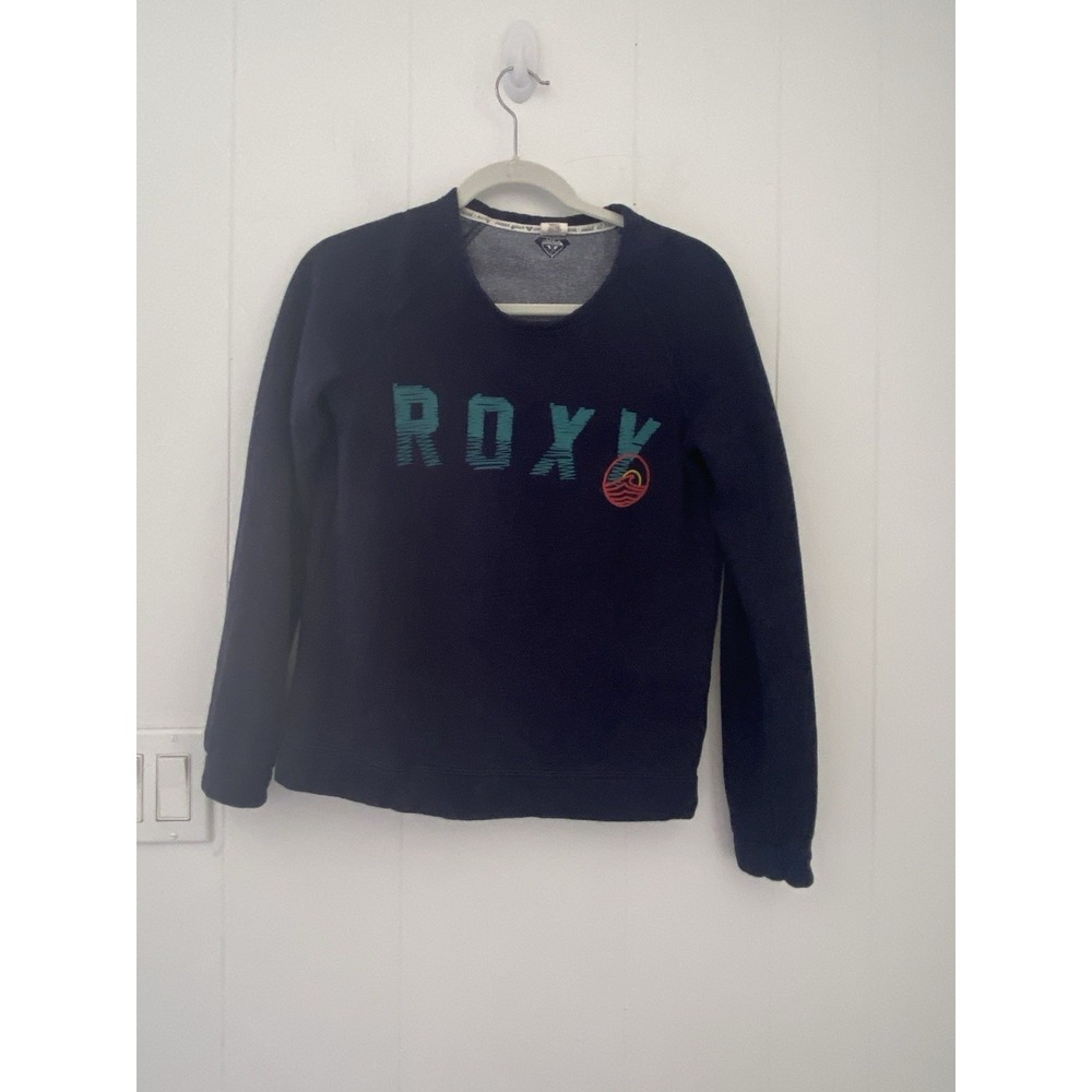 Roxy Women's Small Navy‎ Blue Turquoise Letters Sweatshirt Fleece Crew Neck